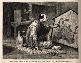 Ein japanischer Künstler malt ein Yema (legendäres Pferdegemälde). Gravur zur Illustration der Reise nach Japan, 1863-1864, von Aime Humbert, Minister der Schweizerischen Eidgenossenschaft, in „Le tour du monde, nouveau journal des voyages“