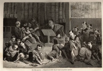 Eine japanische Schule, zur Unterweisung junger Jungen, die um ihren Lehrer hocken, lernen sie durch Rezitationsübungen die Elemente des Alphabets und der Grammatik. Gravur zur Illustration der Reise nach Japan in den Jahren 1863-1864 von Aime Humbert, Min