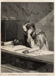 Ein japanischer Schriftsteller an seinem Arbeitstisch, der einen Text auf einer langen Rolle redigiert, die er je nach Fortschritt seiner Aufgabe auf- oder abrollt. Illustration der Reise nach Japan, 1863-1864, von Aime Humbert, Minister der Schweizerisc