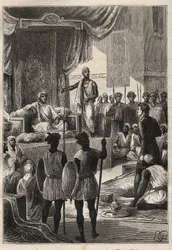 Reise (1792-1795) nach Ägypten und dem Nahen Osten von William George Browne (1768-1813): Browne trifft den Sultan von Darfur Ald el Raschman (Abd-er-Rahman, bekannt als El-Rachid oder der Gerechte) in El Fasher (Al-Fashir, Sudan) im Jahr 1793 - Illustrati
