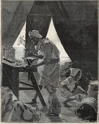 Ein Kabyle-Juwelier in Algerien im 19. Jahrhundert. Gravur von 1885 in „Les arts et métiers illustrés“ von Adolphe Bitard.