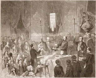Eine Freimaurertaufe in der Loge Fraternelle Amitié im Jahr 1861.