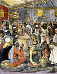 Ein Bankett am Hof von König Menelik II. (1844 - 1913) in Äthiopien. Ill. für die späte Presse des 19. Jahrhunderts.