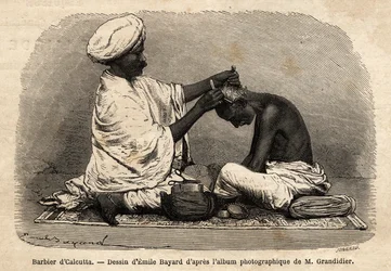 Ein Barbier arbeitet auf den Straßen von Kalkutta. Gravur zur Illustration der Reise in die südlichen Provinzen Indiens, von Alfred Grandidier, 1862-1864, veröffentlicht in „Le tour du monde“, herausgegeben von Edouard Charton, Edition Hachette, Paris