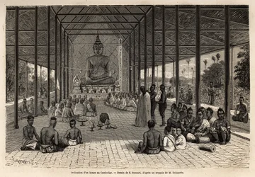 Eine Bonzen-Ordinationszeremonie in einem Tempel in der Nähe von Angkor, Kambodscha. Gravur zur Illustration der Entdeckungsreise in Indochina, von Francis Garnier, Leutnant de Vaissseau, 1866-1868, veröffentlicht in „Le tour du monde“ 1870-1871, herausgeg