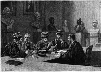 Eine Verteidigung dieser aus der medizinischen Fakultät des Quartier Latin in Paris. Gravur im „Le journal de la jeunesse“