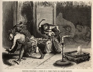 Ein häuslicher Exorzismus, Zeremonie des Oni Arahi, der Hausherr in seinen besten Kleidern, Schwert am Gürtel, geht um Mitternacht durch die Räume seines Hauses und wirft geröstete Bohnen, um Dämonen zu vertreiben und den Gott des Reichtums und seinen Begl