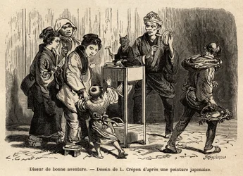 Eine Wahrsagerin auf den Straßen von Edo (heute Tokio). Gravur zur Illustration der Reise nach Japan, von Aime Humbert, Minister der Schweizerischen Eidgenossenschaft, 1863-1864, veröffentlicht in „Le tour du monde“, unter der Leitung von Edouard Charton, 