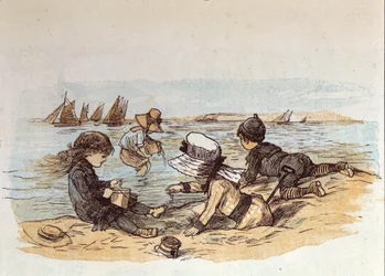 Eine Gruppe von Kindern spielt am Wasser im Sand. 1881