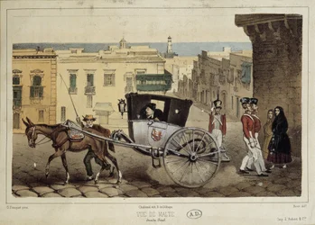 Eine Kutsche in den Straßen von Malta - Gravur