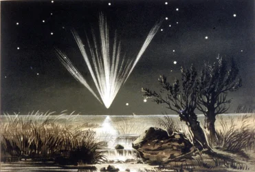 Ein Meteorit fällt ins Meer. Farblithographie aus dem späten 19. Jahrhundert