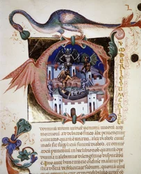 Eine Miniatur „A“ Buchstabe, der die Stadt des Teufels darstellt. 14. Jahrhundert Manuskript „De Civitate Dei“ von Augustinus. Biblioteca Comunale di Rimini