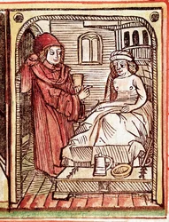 Ein Arzt verabreicht seinem Patienten eine Behandlung aus Heilpflanzen. Stich aus „Tractatus de pestilentia“, 15. Jahrhundert - Prag, Nationalbibliothek