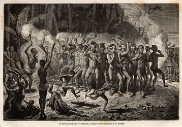 Ein Pilou-Pilou (oder Pille oder Pille) in der Nacht, ein traditioneller Tanz der kanakischen Stammeszeremonien. Gravur zur Illustration der Reise nach Neukaledonien, von Jules Garnier, Zivilingenieur für Bergbau, 1863-1866, veröffentlicht in „Le tour du m