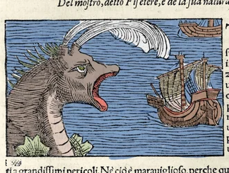 Ein Pottwal (?) (Physeter) greift ein Schiff an. Gravur von Olaus Magnus (1490-1557), schwedischer Geistlicher und Geograph, „Historia de Gentis Septentrionalibus“, Venedig