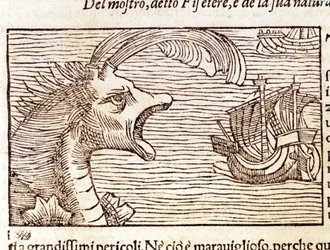 Ein Pottwal (?) (Physeter) greift ein Schiff an. Gravur von Olaus Magnus (1490 - 1557), schwedischer Geistlicher und Geograph, „Historia de Gentis Septentrionalibus“, Venedig