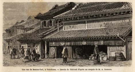 Eine Straße von Benten Tori, mit Animation von Passanten und Trägern, ein altes Fischerdorf, in dem die Meeresgöttin Benten geehrt wurde, aber dieses Dorf wurde durch die städtische Entwicklung von Yokohama annektiert; ein Tori ist keine heilige Tür, die a