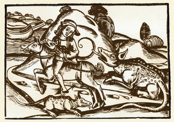 Ein Reisender trifft auf zwei monströse Tiger mit dem Aussehen von Basilisken. Die Fabeln von Äsop