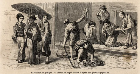 Ein reisender Oktopus-Händler bietet seine Produkte den Passanten auf der Edo-Straße (heute Tokio) an. Illustration der Reise nach Japan, 1863-1864, von Aime Humbert, Minister der Schweizerischen Eidgenossenschaft, in "Le tour du monde, nouveau journal"