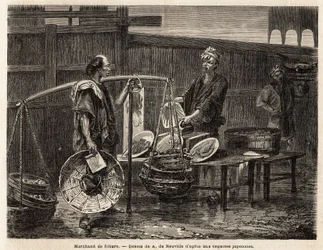 Ein wandernder Bratwarenhändler, trägt seine Donuts in Körben und reist zum Markt, um sie den anderen Händlern zum Mittagessen zu verkaufen. Gravur zur Illustration der Reise nach Japan, 1863-1864, von Aimé Humbert, Minister der Schweizerischen Eidgenossen
