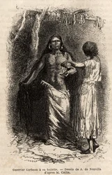 Ein Krieger des Crow-Indianerstammes (Krähen), der entlang des Lewis River lebt, bei seiner Toilette. Gravur zur Illustration eines Ausflugs unter die Indianerstämme der Becken von Kolumbien und Oberer Missouri, von G. Catlin, 1855, veröffentlicht in "Le t