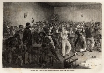Ein Hochzeitsball in Salers, Gravur zur Illustration einer Reise zu den Vulkanen Zentralfrankreichs 1864, in „Le tour du monde, nouveau journal des voyages“ herausgegeben von Edouard Charton