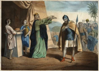 Abraham, Sieger über die vier Könige, erhielt den Segen von Melchisedek, König von Salem. Anonyme Gravur aus der Mitte des 19. Jahrhunderts