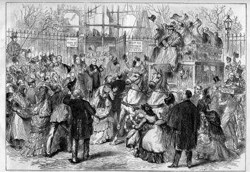 Adolphe Thiers (1797-1877), Präsident der Französischen Republik, besucht die Bauarbeiten seines Hauses am Place Saint Georges in Paris und wird von der Bevölkerung herzlich begrüßt. Gravur in „Das illustrierte Universum“