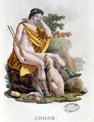 Adonis. Griechischer Gott phönizischen Ursprungs. 19. Jahrhundert Gravur. Biblioteca nazionale Braidense. Mailand