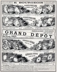 Werbung von 1889 für „La Céramique Moderne von Le Grand Dépôt De Porcelaines, Faïences Et Verreries Bourgeois in Paris“