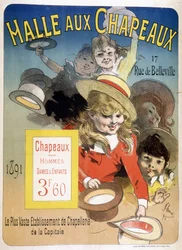 Werbeplakat für die „Halle aux hats“, rue de Belleville in Paris
