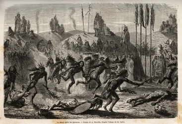 Nach der Zeremonie der Selbsthingabe an den Großen Geist beginnen die jungen Krieger bei den Mandan-Indianern oder Noumah ka kie, Fasanen, einen rasenden und ausströmenden Tanz; die Schwächsten werden auf dem Boden hinterhergezogen, am linken Ufer des