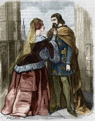 Agnes Sorel (1422-1450) und König Karl VII. von Frankreich in der Abtei von Jumièges. Gravur des 19. Jahrhunderts.