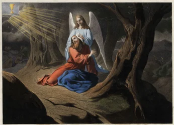 Agonie im Garten - Christi Gebet im Garten Gethsemane. Anonyme Gravur aus der Mitte des 19. Jahrhunderts
