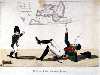 Ah, Papa, du hast dich verletzt. Karikatur über das Exil von Napoleon Bonaparte auf der Insel Elba.
