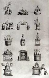 Alchemie: Tafel mit verschiedenen Modellen von Destillationsapparaten und Brennblasen. Athanase Kircher (oder Athanasius Kircheri 1602-1680), deutscher Jesuit. Gravur des 17. Jahrhunderts.