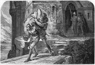 Alexander, König und Bastard von Bourbon, wurde in einen Sack genäht und in die Dämmerung geworfen, um ihn durch den Delfin, den zukünftigen Ludwig XI., zu ersetzen. Gravur des 19. Jahrhunderts