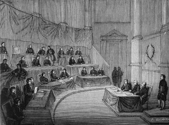 Alessandro Volta liest vor der Akademie der Wissenschaften seine These über die Batterie in Anwesenheit des Ersten Konsuls Bonaparte am 18. November