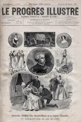 Alexandre Dumas Jr. - Großoffizier der Ehrenlegion und einige seiner Werke - Gravur in „Le Progres illustré“ von 1895