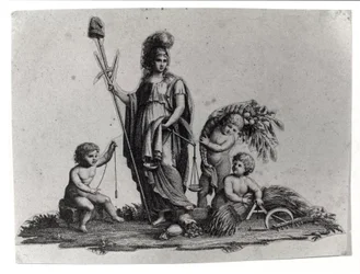 Allegorie der Cisalpinischen Republik, geschaffen von Napoleon Bonaparte am 27.06.1797 nach französischem Vorbild in Italien, die 1802 zur Italienischen Republik wurde. Die Symbole der Französischen Republik sind dargestellt. Gravur Museo del Risorgimento,