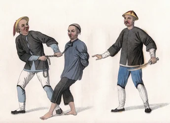Ein Angeklagter wird ins Gefängnis gebracht, an einer Kette um den Hals gebunden. Gravur, in „Die Strafen der Chinesen“, London