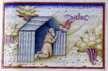 Ein Engel besucht einen Eremiten. Handschrift aus dem 15. Jahrhundert. Biblioteca Nazionale Braidense.