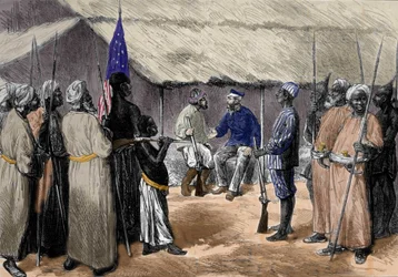 Ein Treffen zwischen David Livingstone (1813-1873), einem englischen Missionar und Afrikaforscher, und Henry Morton Stanley, walisischer Journalist und Afrikaforscher (1841-1904) in einem Dorf in Zentralafrika.