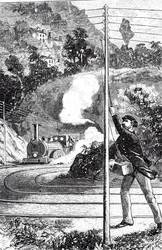Eine Gravur, die einen Zugarbeiter zeigt, der ein Notsignal auf einem Eisenbahntelegraphen sendet