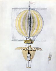 Anonyme Zeichnung eines Segelluftschiffballons mit Kegel-Fallschirm