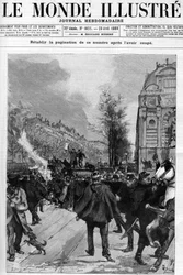 Anti-Bäckerei-Demonstration: Demonstration auf dem Saint-Michel-Platz, bei der Kopien der „Laterne“ verbrannt werden. Gerardin-Zeichnung für das Cover von „Die illustre Welt“ von 1888.