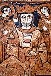 Arabonormannisches Porträt von Roger II. von Sizilien (1095-1154) umgeben von hohen Würdenträgern