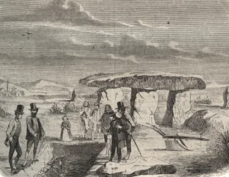 Archäologische Ausgrabungen: Entdeckung von gallischen Gräbern in der Nähe des Dolmen de la Pierre aux Fées in der Oise. Gravur von 1856 in „Le Musée Des Sciences“.