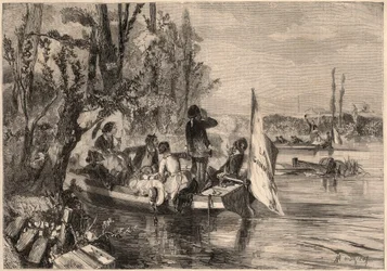 Rund um Paris im Jahr 1857. Die Kanuten in Asnières. Gravur in „Le Monde illustré“ von 1857. Private Sammlung.