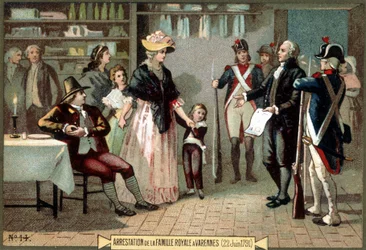 Verhaftung der königlichen Familie (Ludwig XVI. und Marie Antoinette mit ihren Kindern) in Varennes (22.06.1791). Chromolithographie des 19. Jahrhunderts